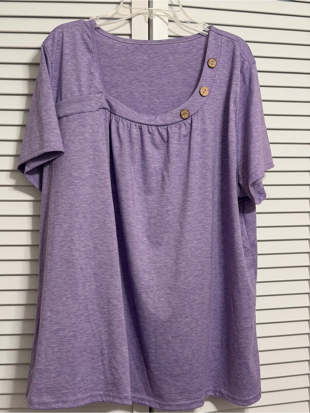 Amazon Women's Lavender Short Sleeve Scoop Neck Top with Button Trim
